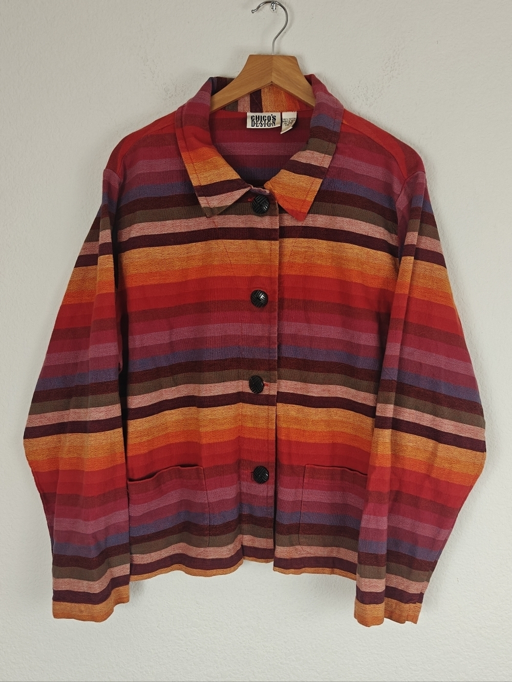 Vintage Chico’s Sunset Stripe Jacket | Bold Boho Cotton Button-Up | XL